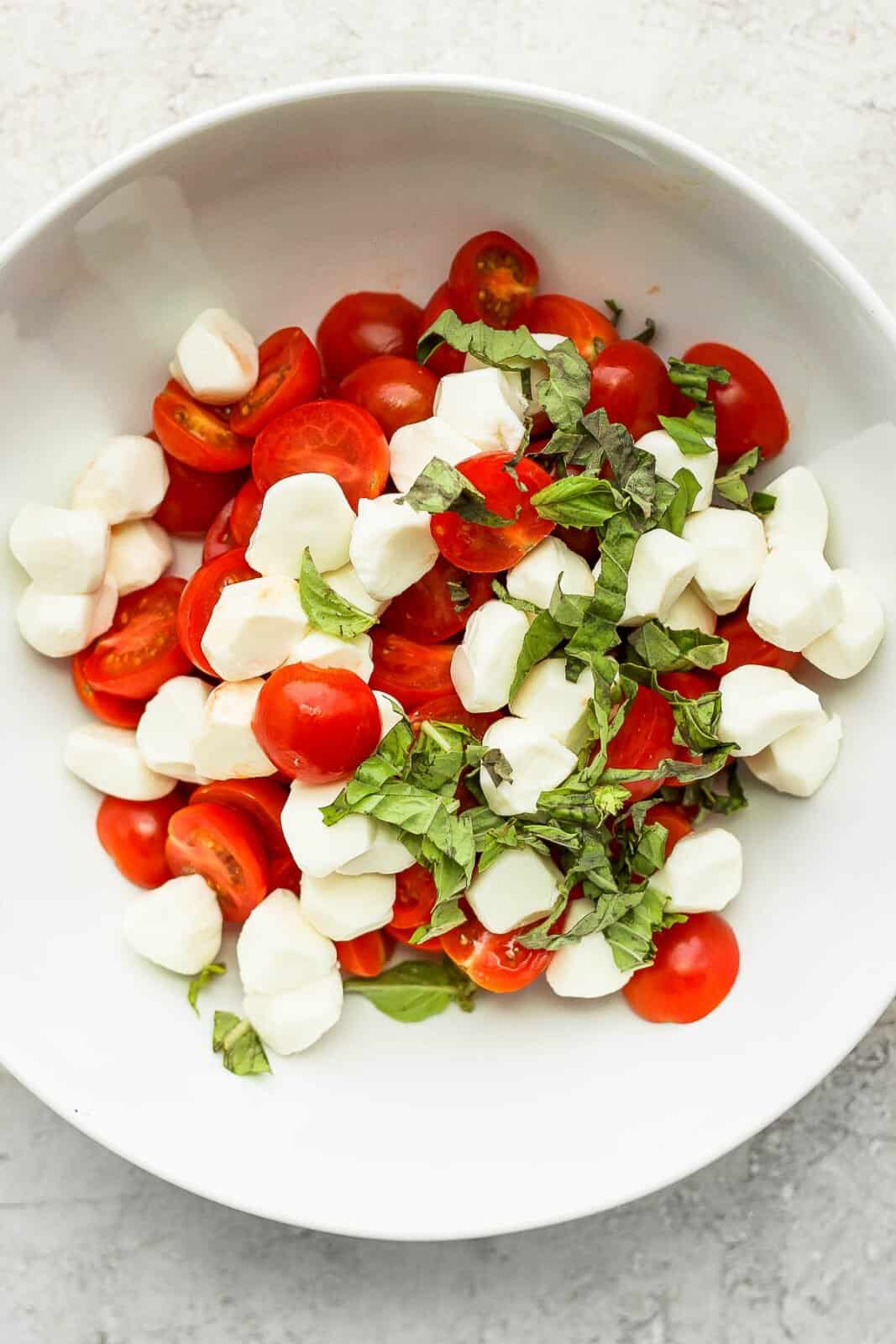 Bowl of tomatoes, mozzarella and fresh basil. 