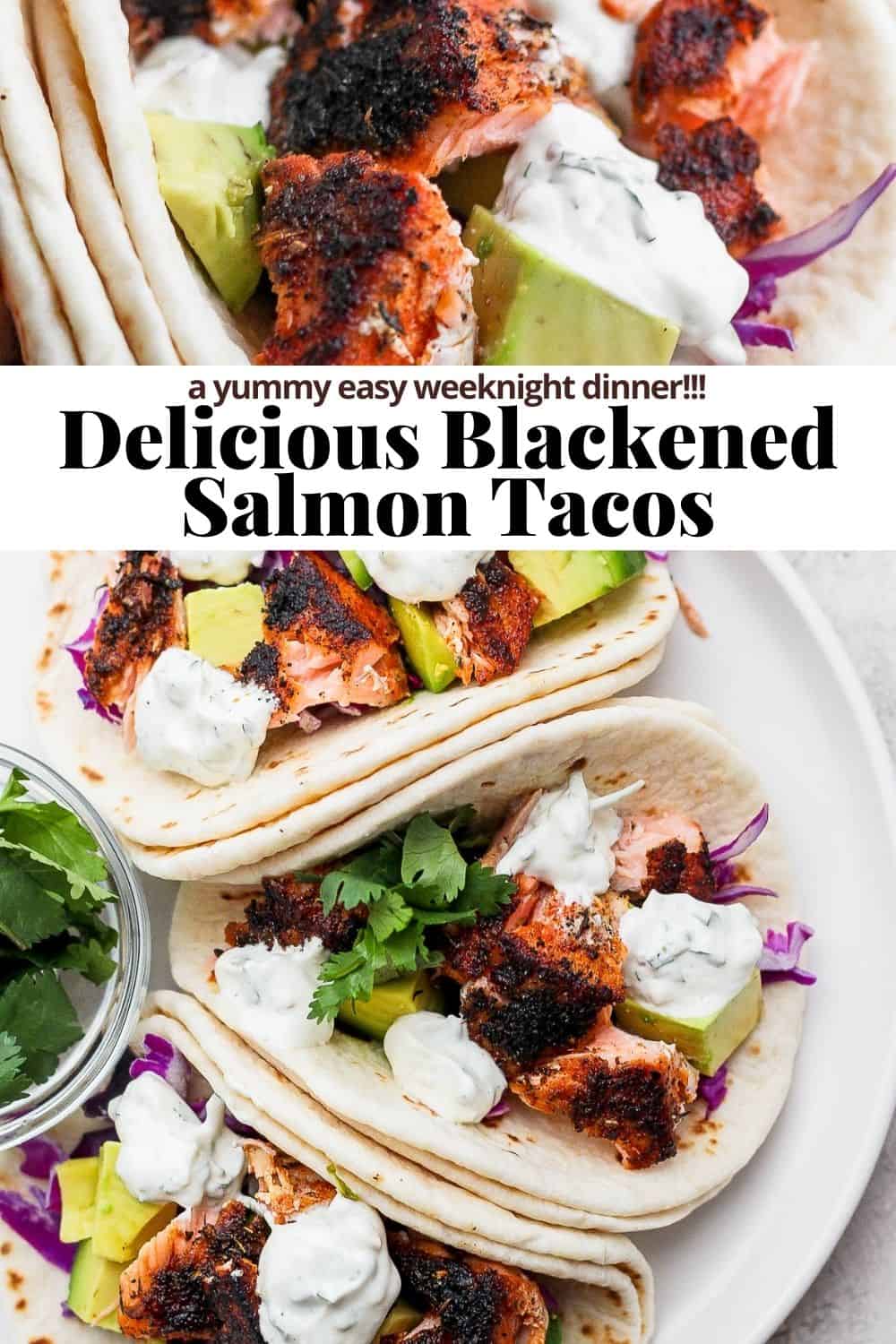 Pinterest image for delicious blackened salmon tacos.