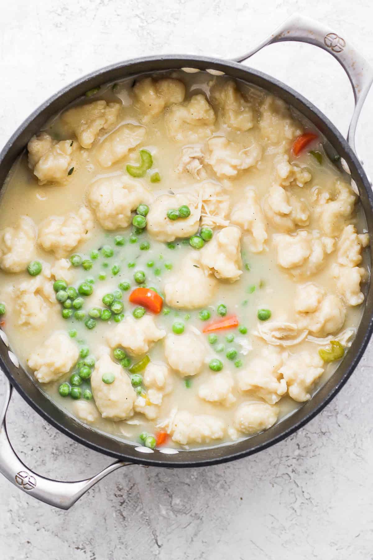 Frozen peas added to the chicken and dumpling soup.