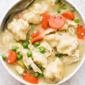 Bowl of chicken and dumpling soup.
