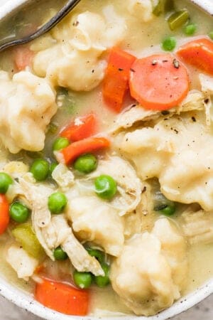 Bowl of chicken and dumpling soup.