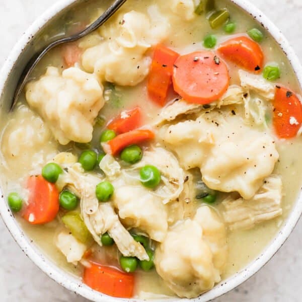 Bowl of chicken and dumpling soup.