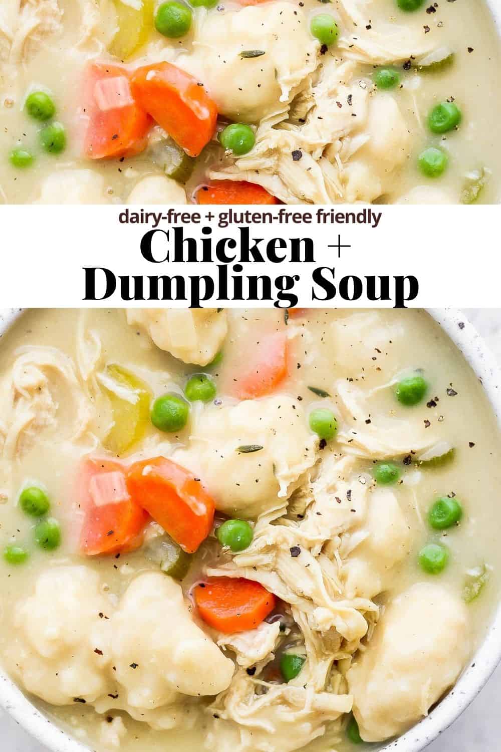 Pinterest image for chicken and dumpling soup.