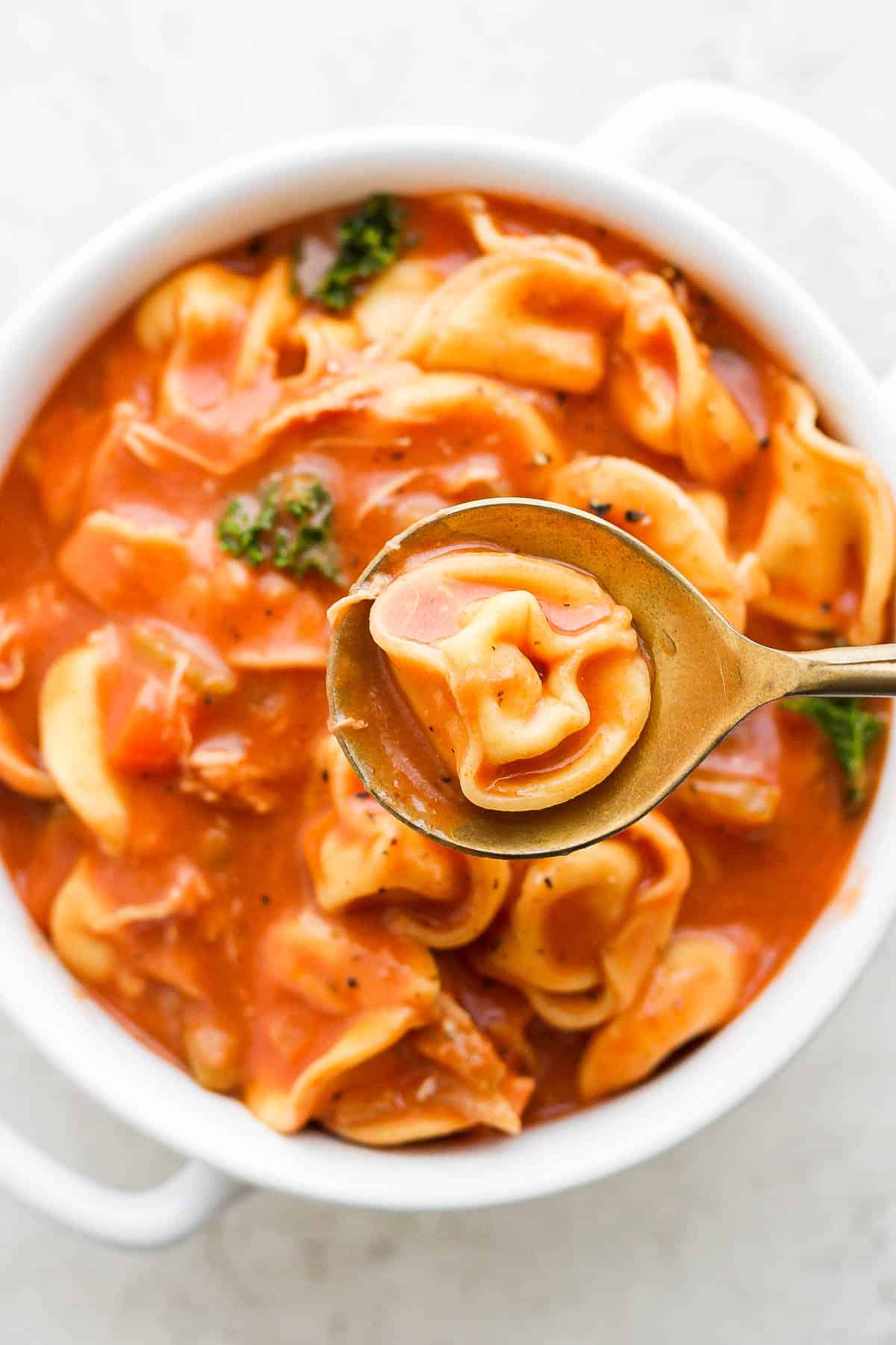 A spoon holding a piece of tortellini above the bowl for chicken tortellini soup.