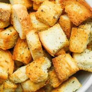 Bowl of homemade croutons.