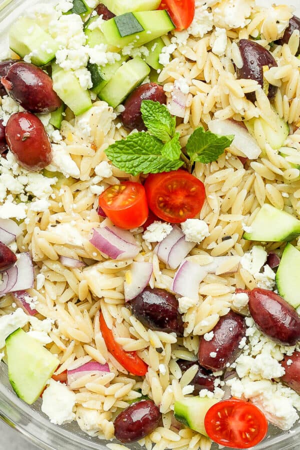 Bowl of Greek Orzo Salad.