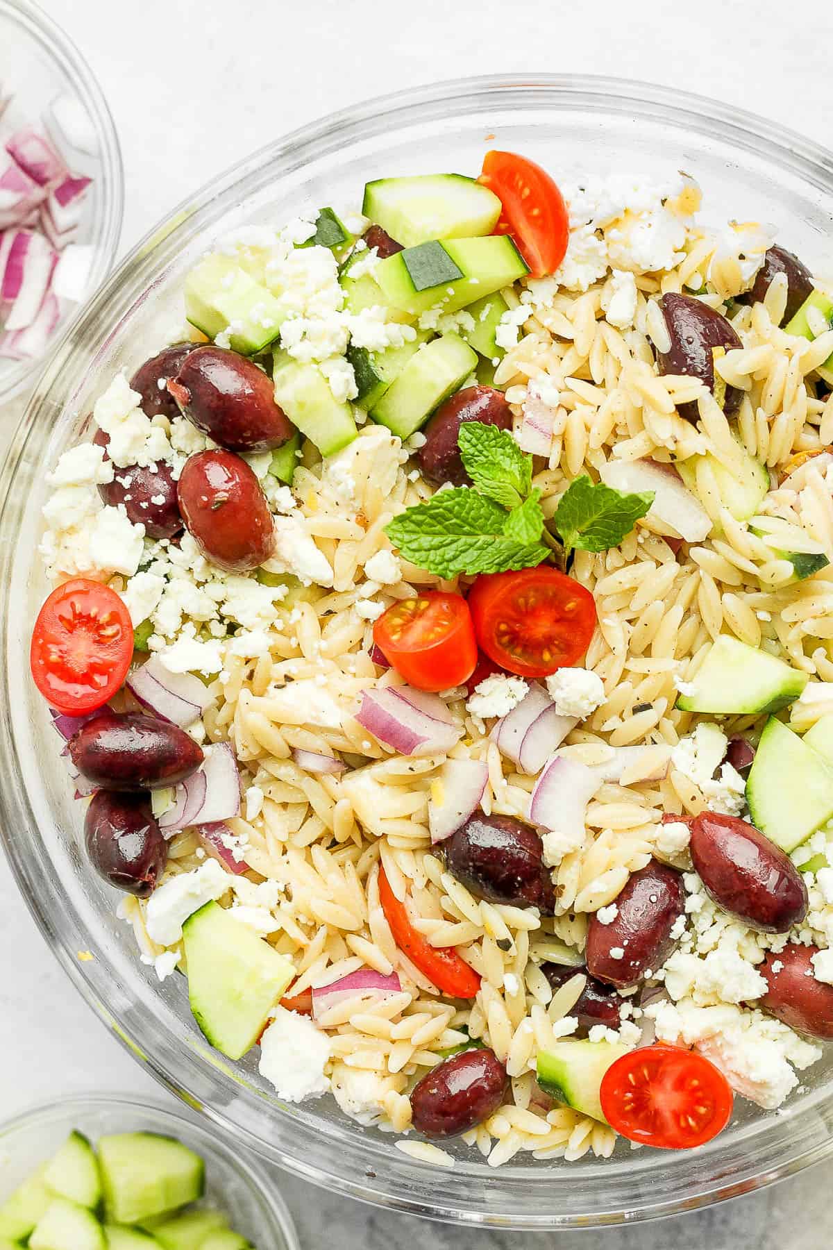 Bowl of Greek Orzo Salad.