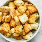 Bowl of homemade croutons.