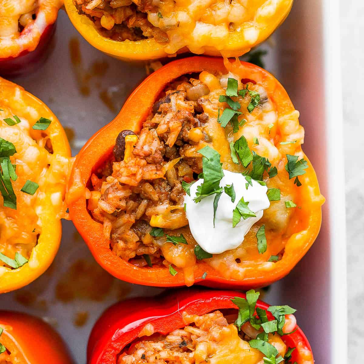 Pan full of mexican stuffed peppers with melted cheese and garnished with sour cream and cilantro,