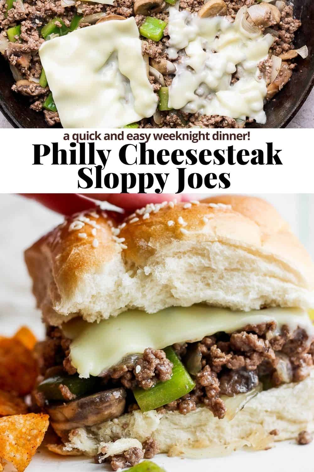 Pinterest image for philly cheesesteak sloppy joes.