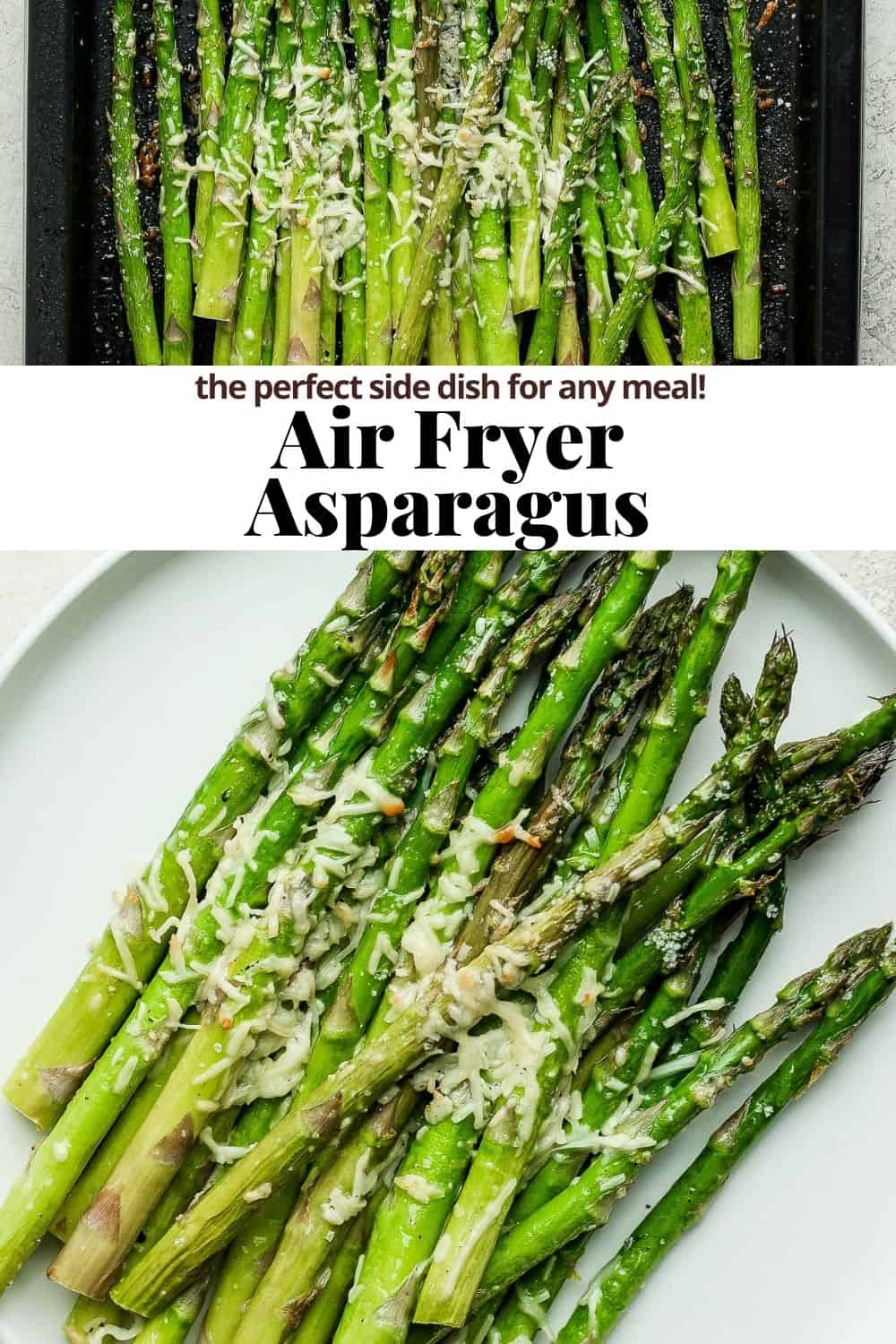 Pinterest image with asparagus on a black baking sheet as well as on a white plate.