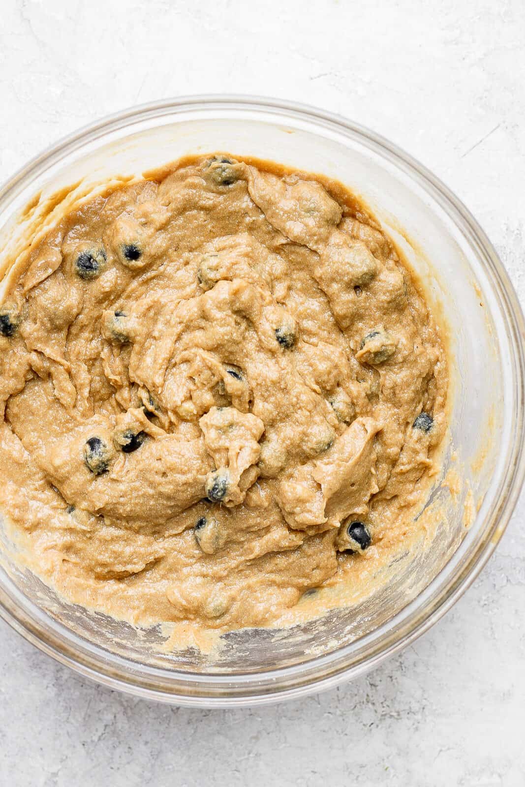 The blueberry banana muffin batter fully combined.