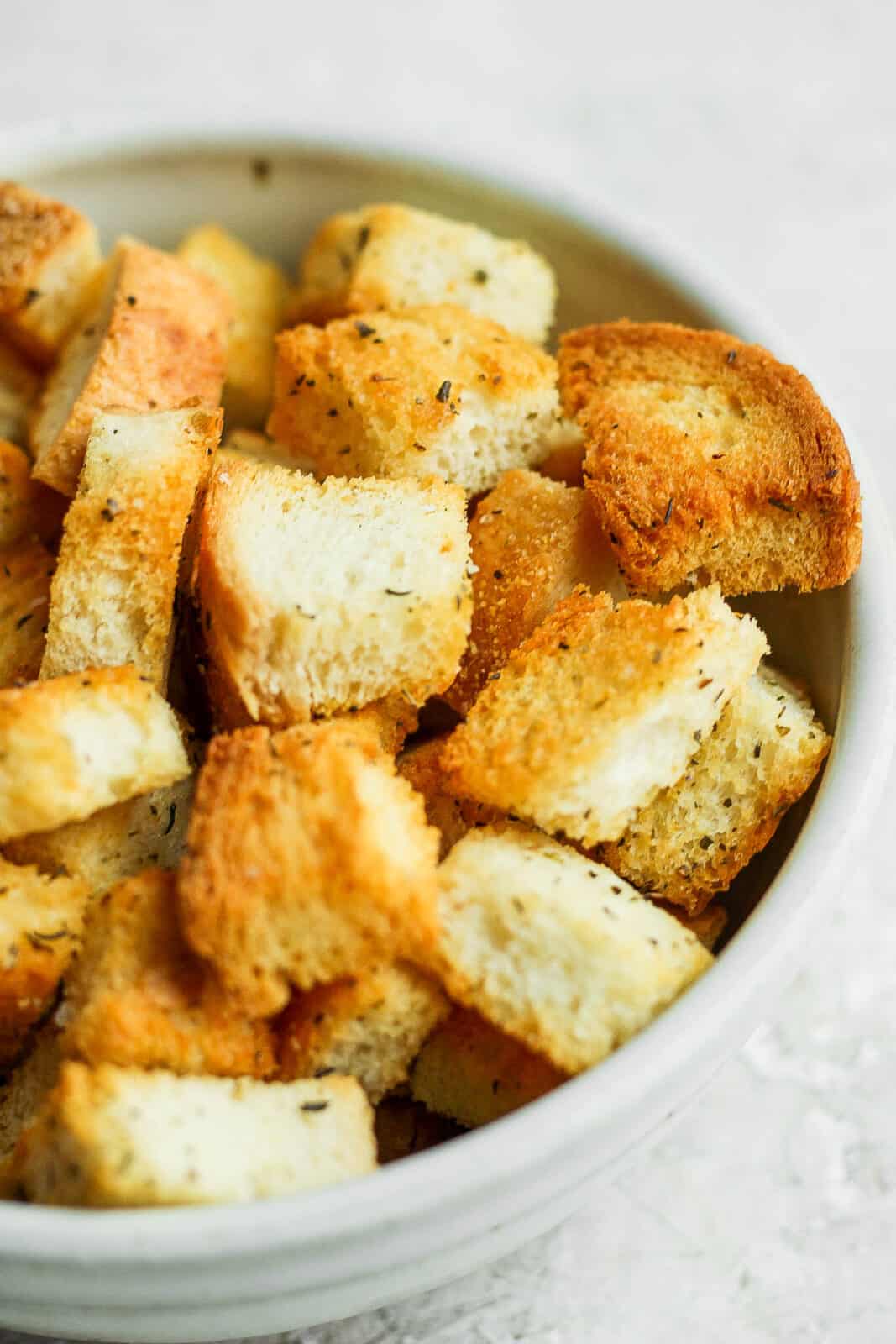 Baked croutons in a bowl.