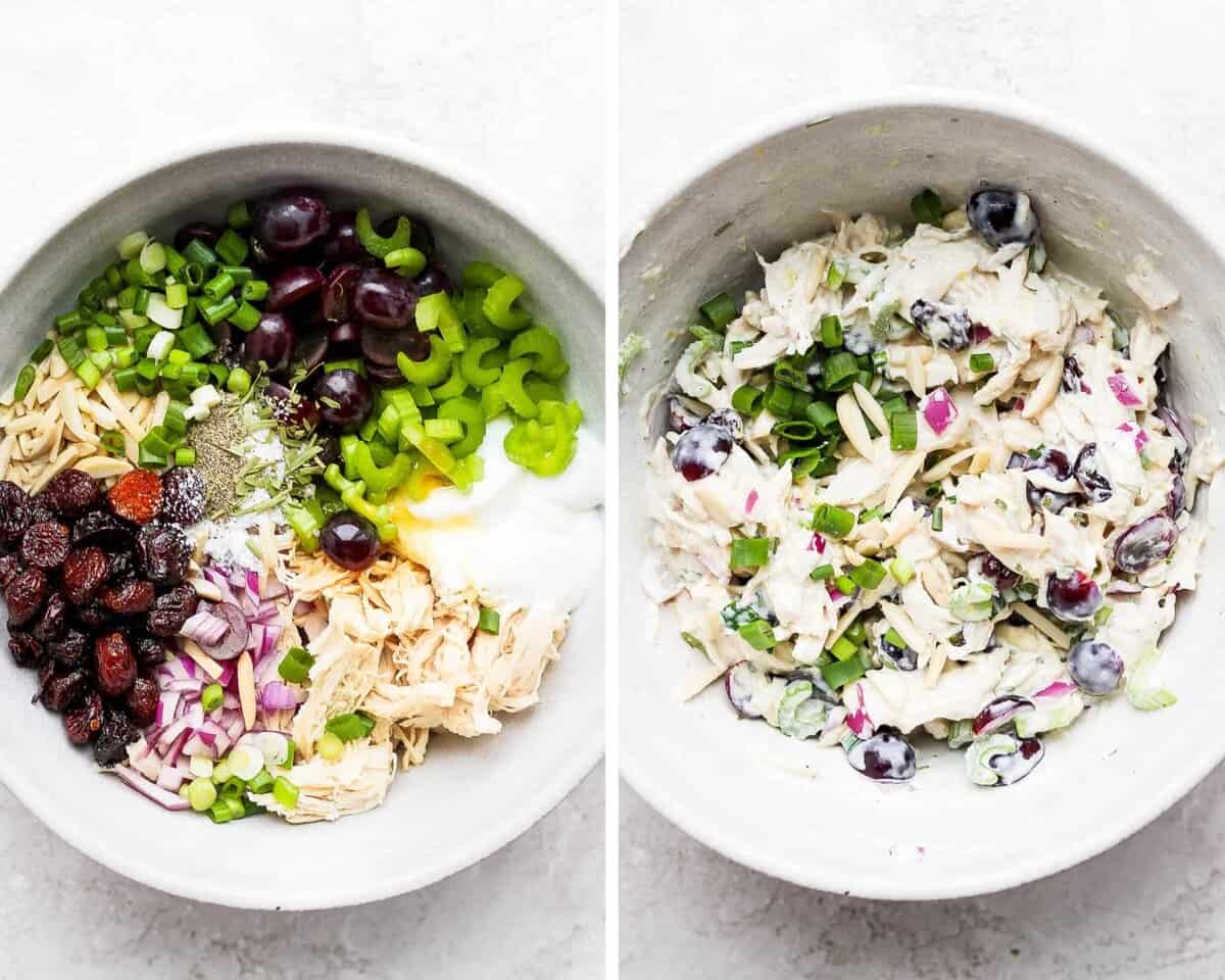 Two photos side by side - one with a bowl filled with the ingredients for smoked chicken salad that are unmixed and one where they are mixed.