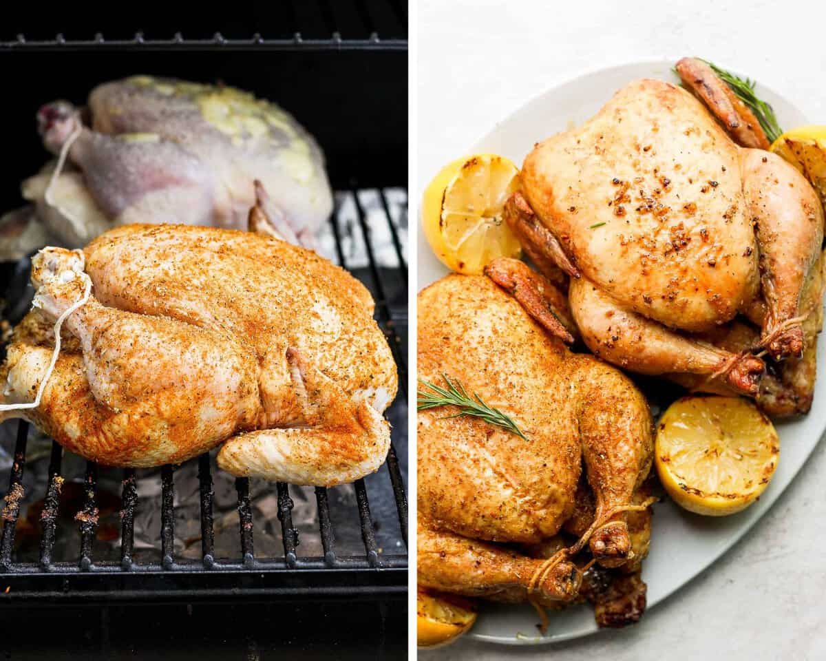 Two photos side by side - one with two whole chickens cooking on a smoker and one where both on a platter fully cooked.