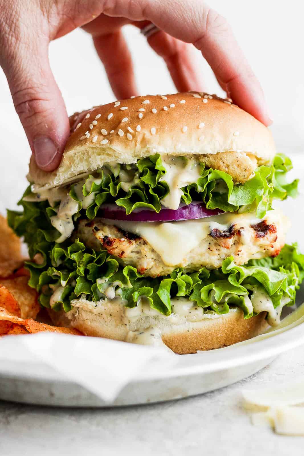 A juicy chicken caesar burger on a plate.