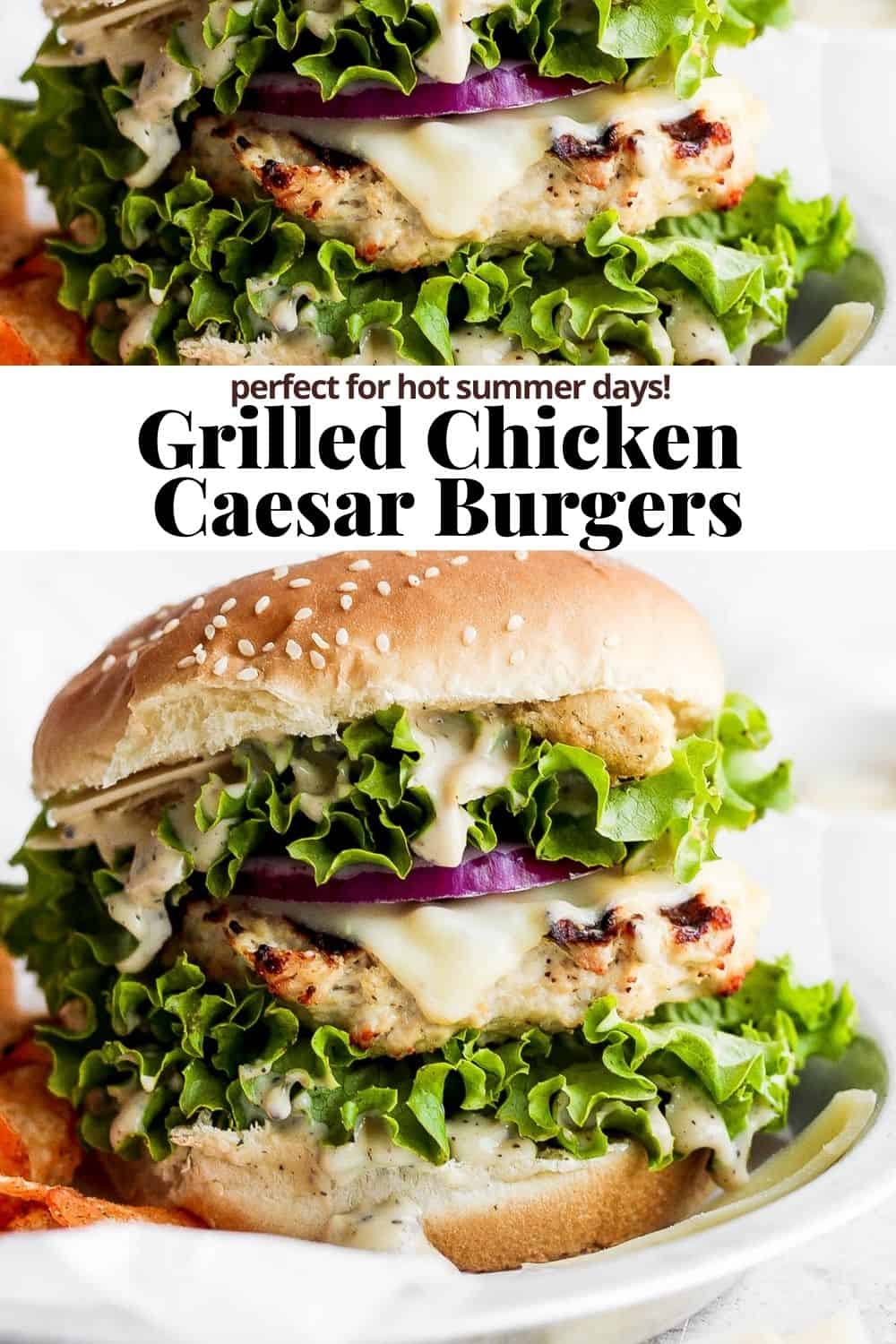 Pinterest image for a chicken caesar burger.