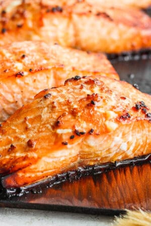 Salmon cooked on a cedar plank.