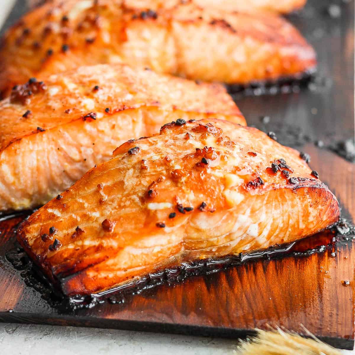Salmon cooked on a cedar plank.