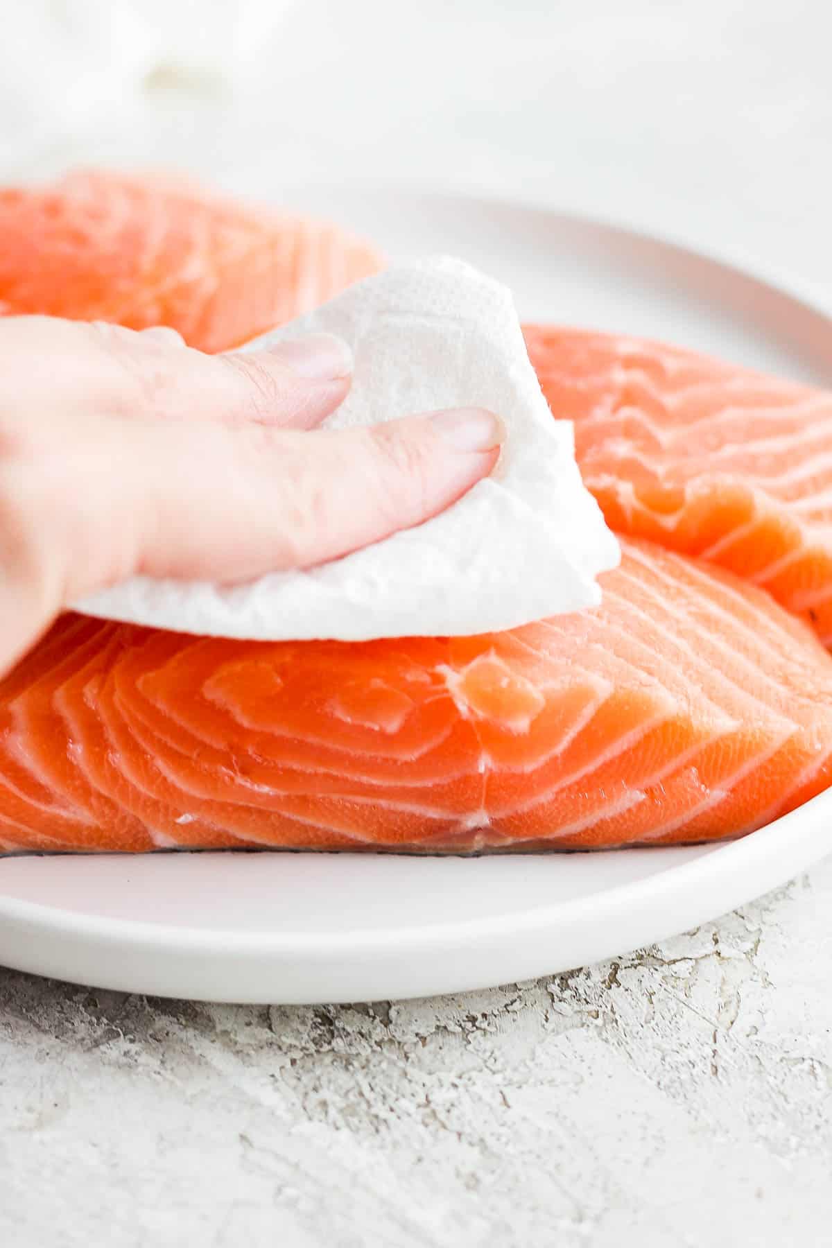 A salmon fillet being pat dry.