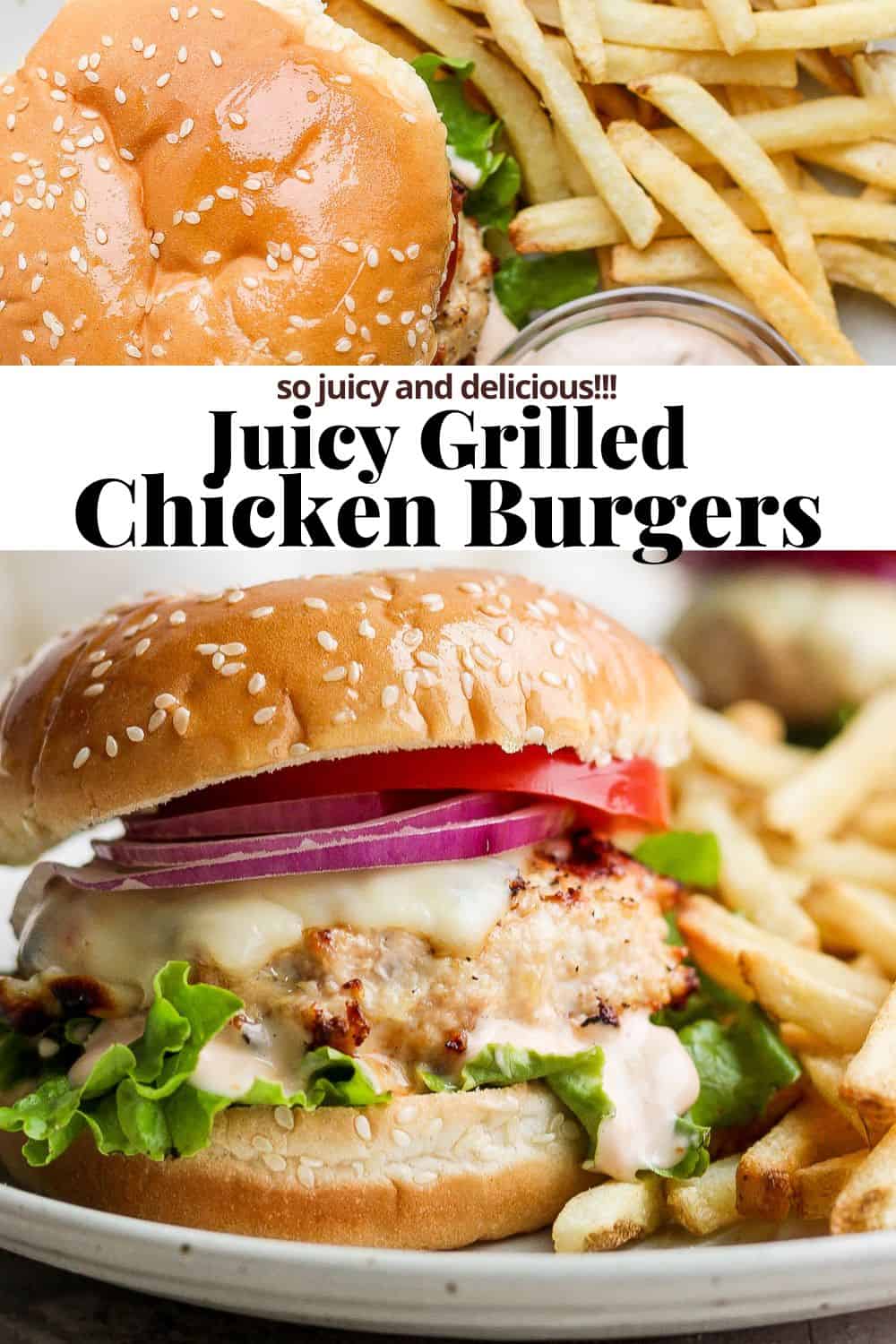 Pinterest image for juicy chicken burgers.
