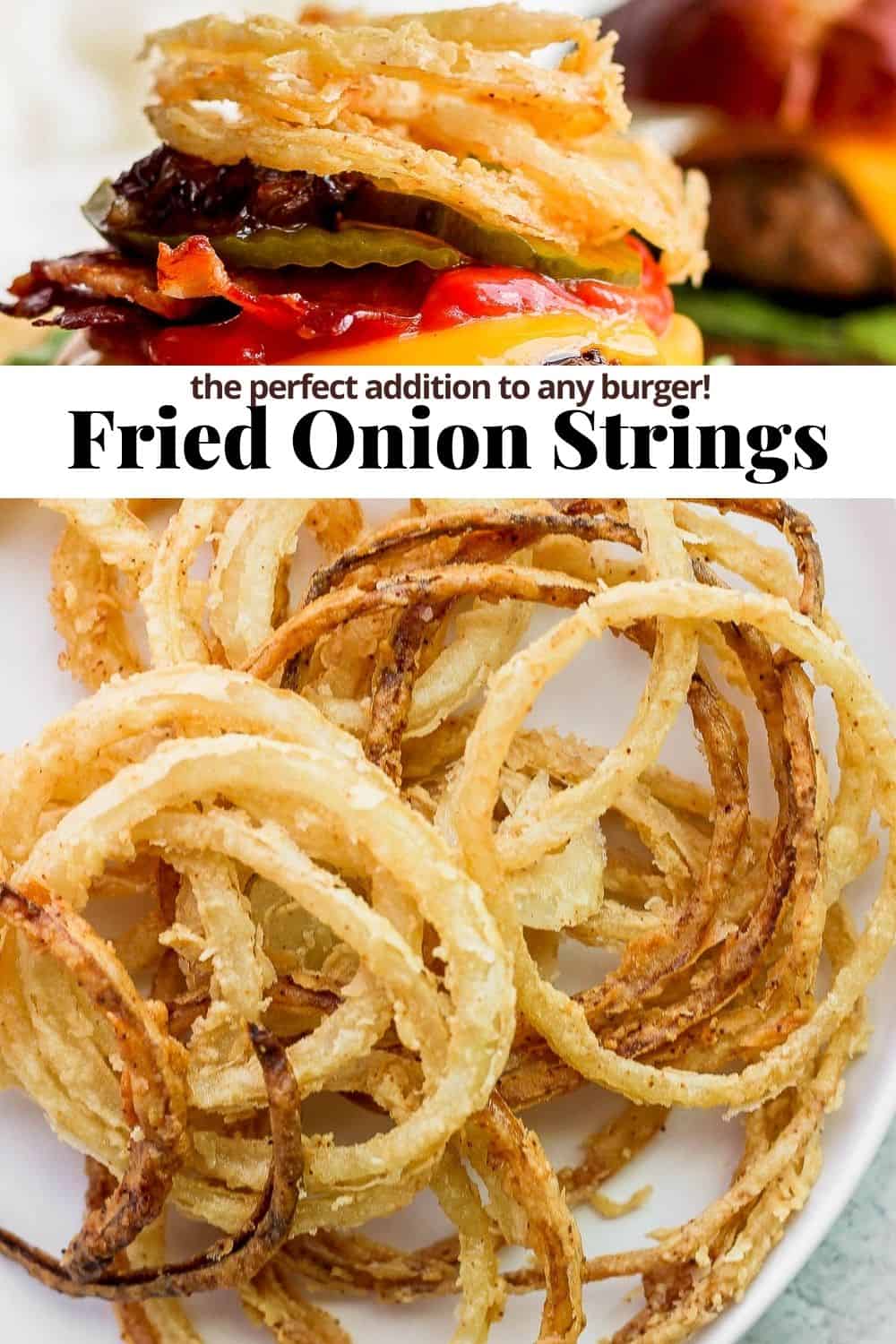 Pinterest image for fried onion strings.
