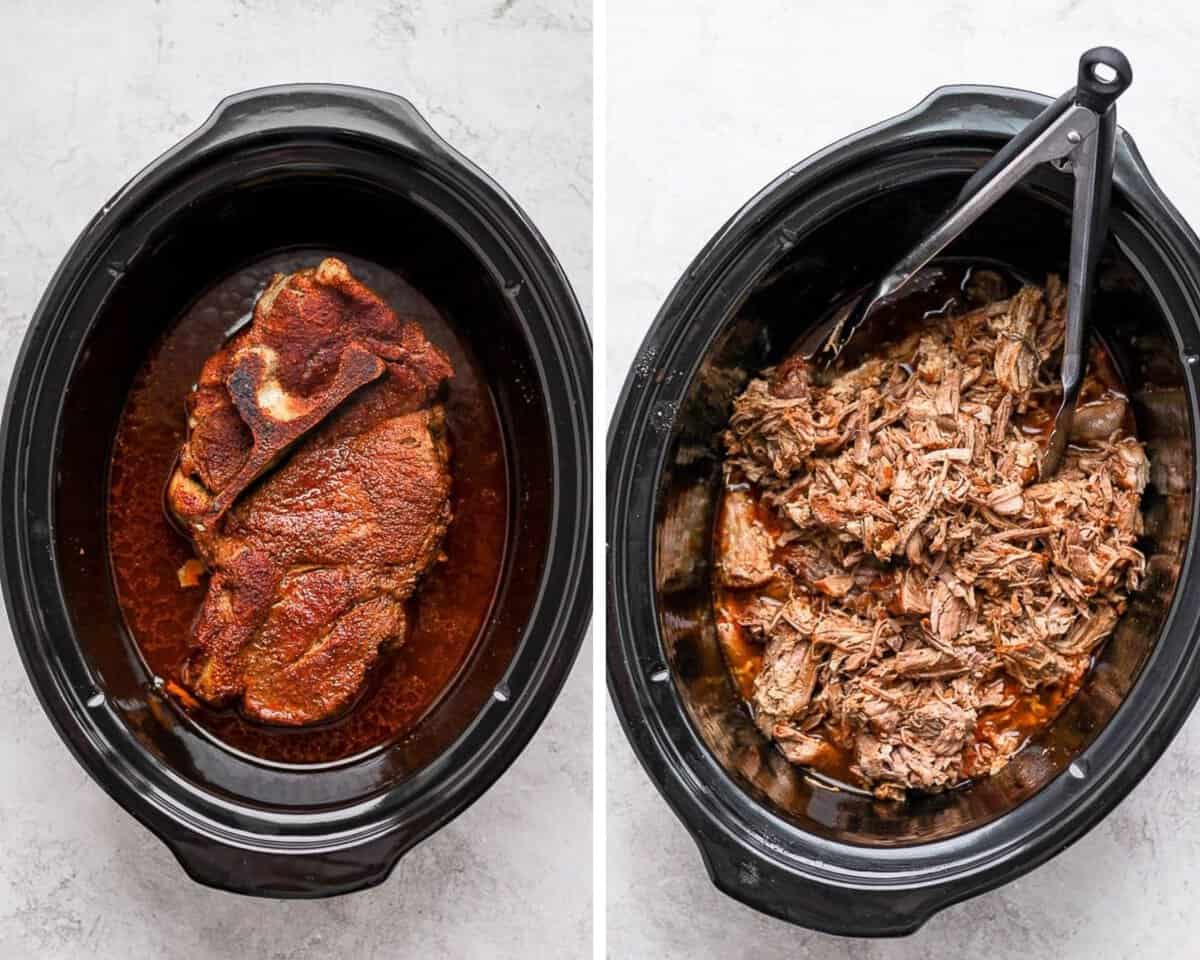 Two pictures side by side - one with a cooked pork shoulder in a slow cooker and one with the pork shredded in a slow cooker.