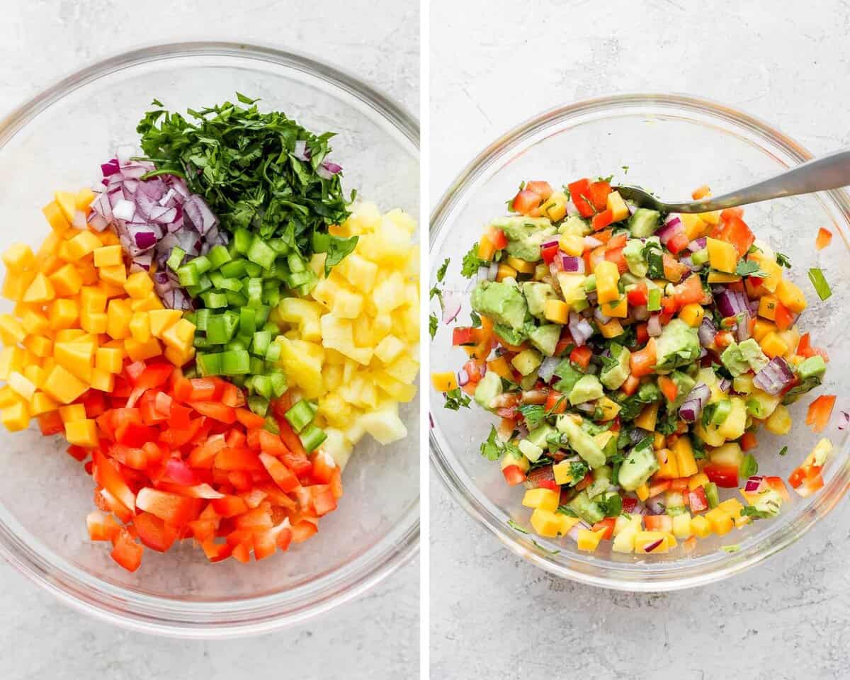 Two pictures side by side - one with the ingredients for mango salsa separated and one with them mixed in a bowl.