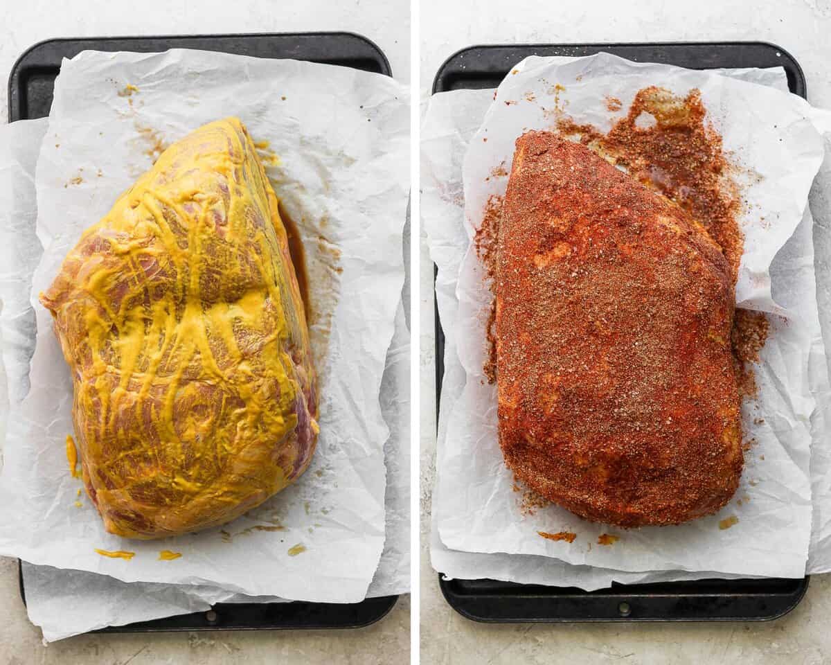 Two pictures side by side - one of a pork shoulder on a parchment-lined baking sheet rubbed with yellow mustard and one with seasoning all over it.