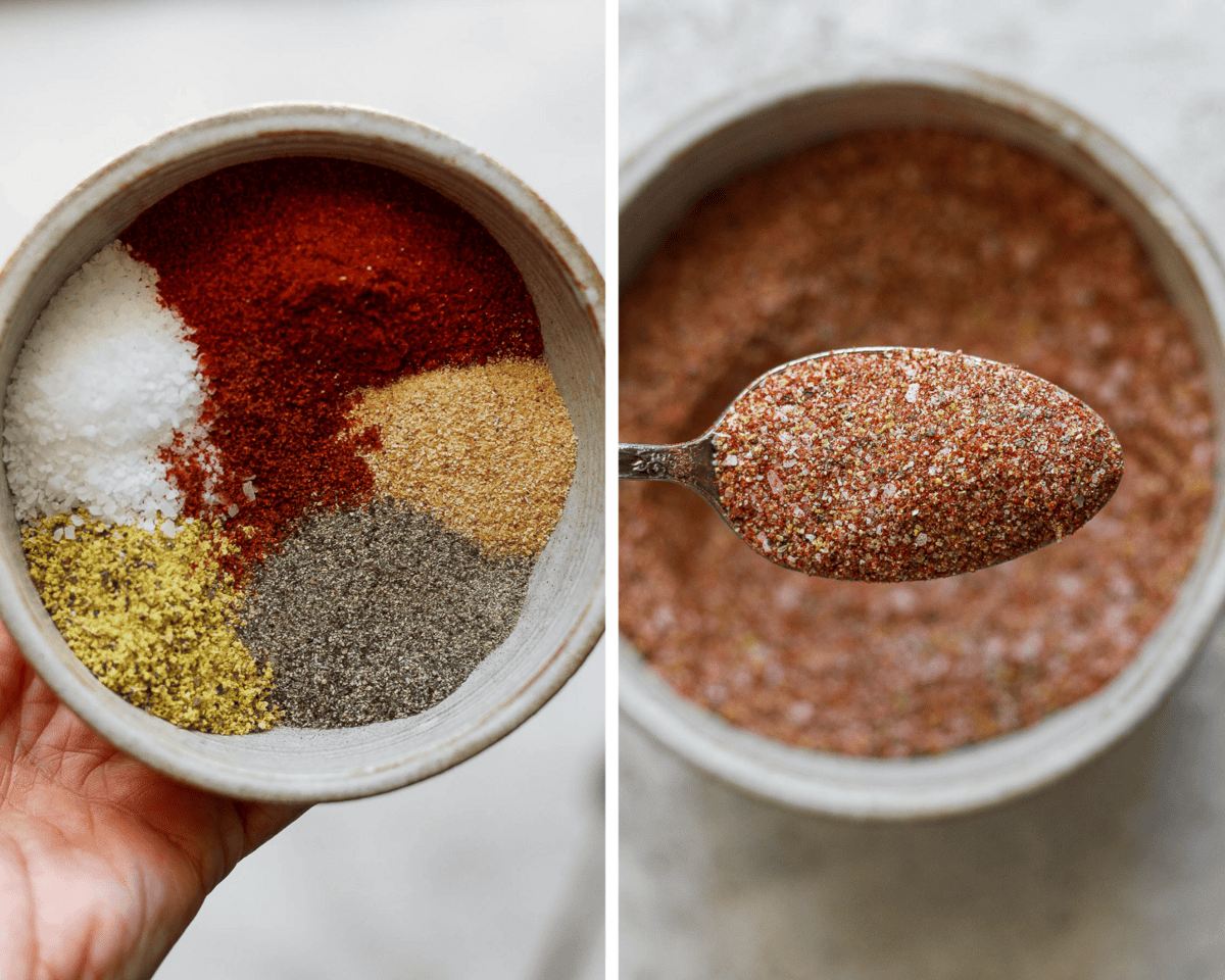 Two pictures side by side - one of a bowl with pork shoulder seasoning ingredients unmixed and one picture of them mixed in the same bowl with someone lifting a spoonful out.