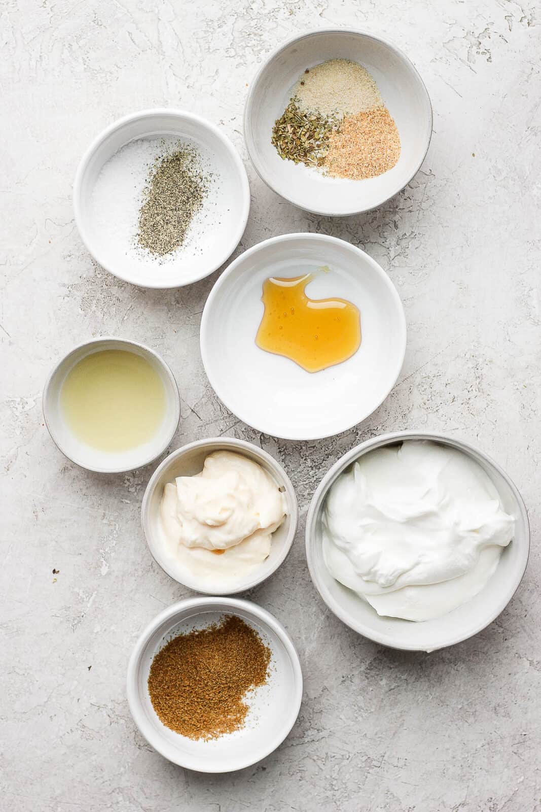 Ingredients for southwest dressing in separate bowls.