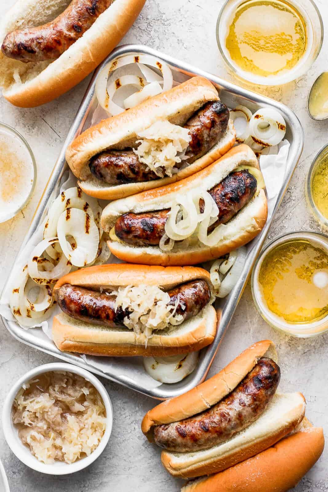 A tray of the best grilled beer boiled brats.