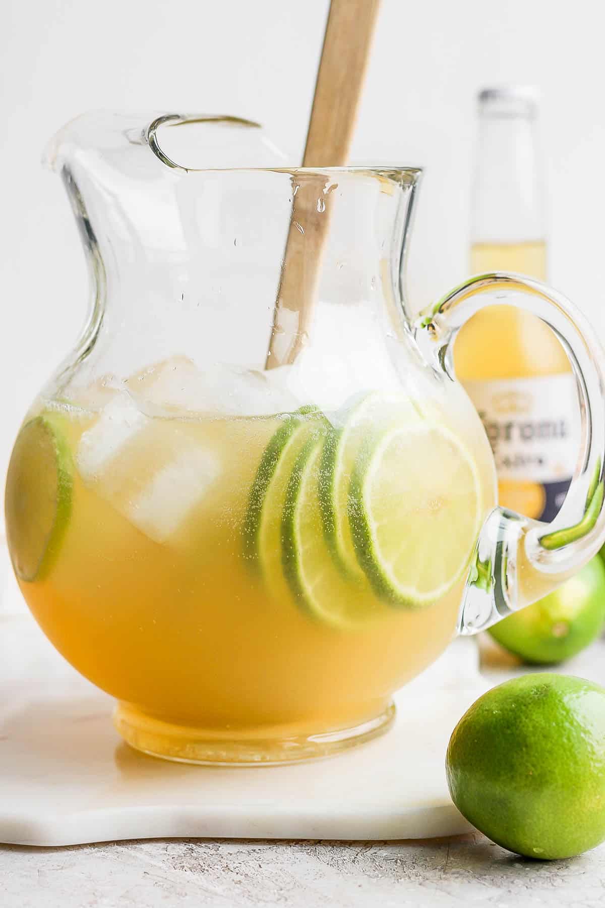 A pitcher of beer margaritas, coronaritas, beeritas, or beergartitas.