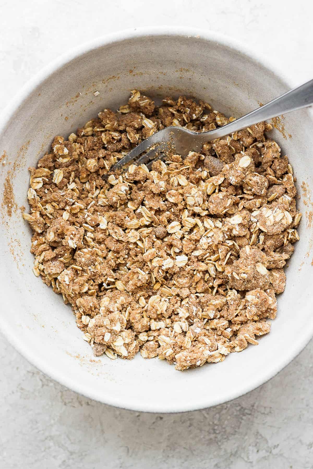 The crisp mixture fully combined with a fork.