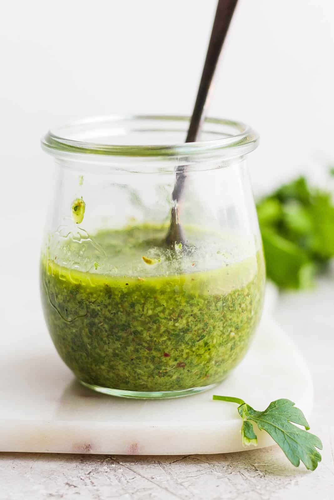 Chimichurri sauce for steak in a jar.