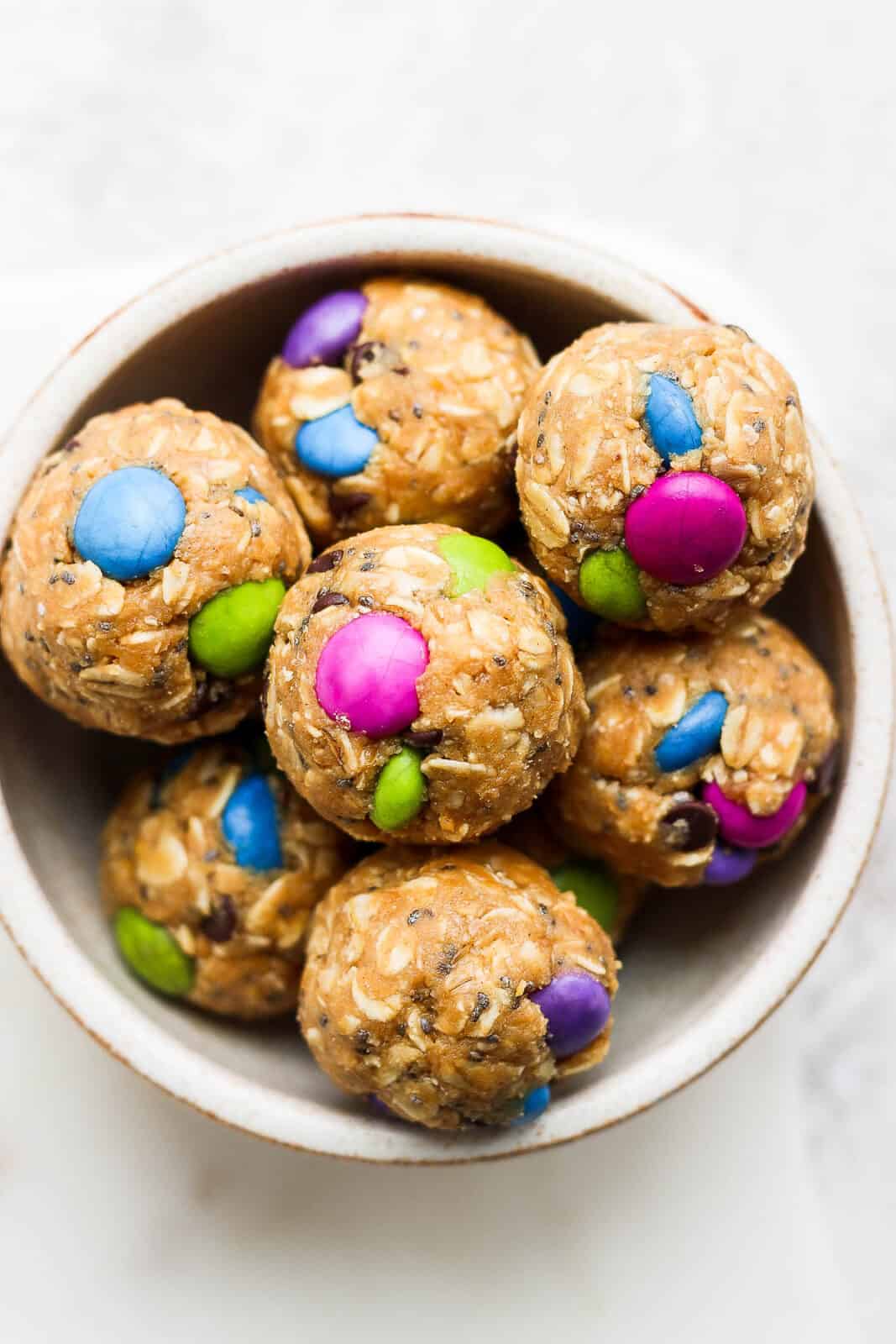 A bowl of monster cookie energy bites.