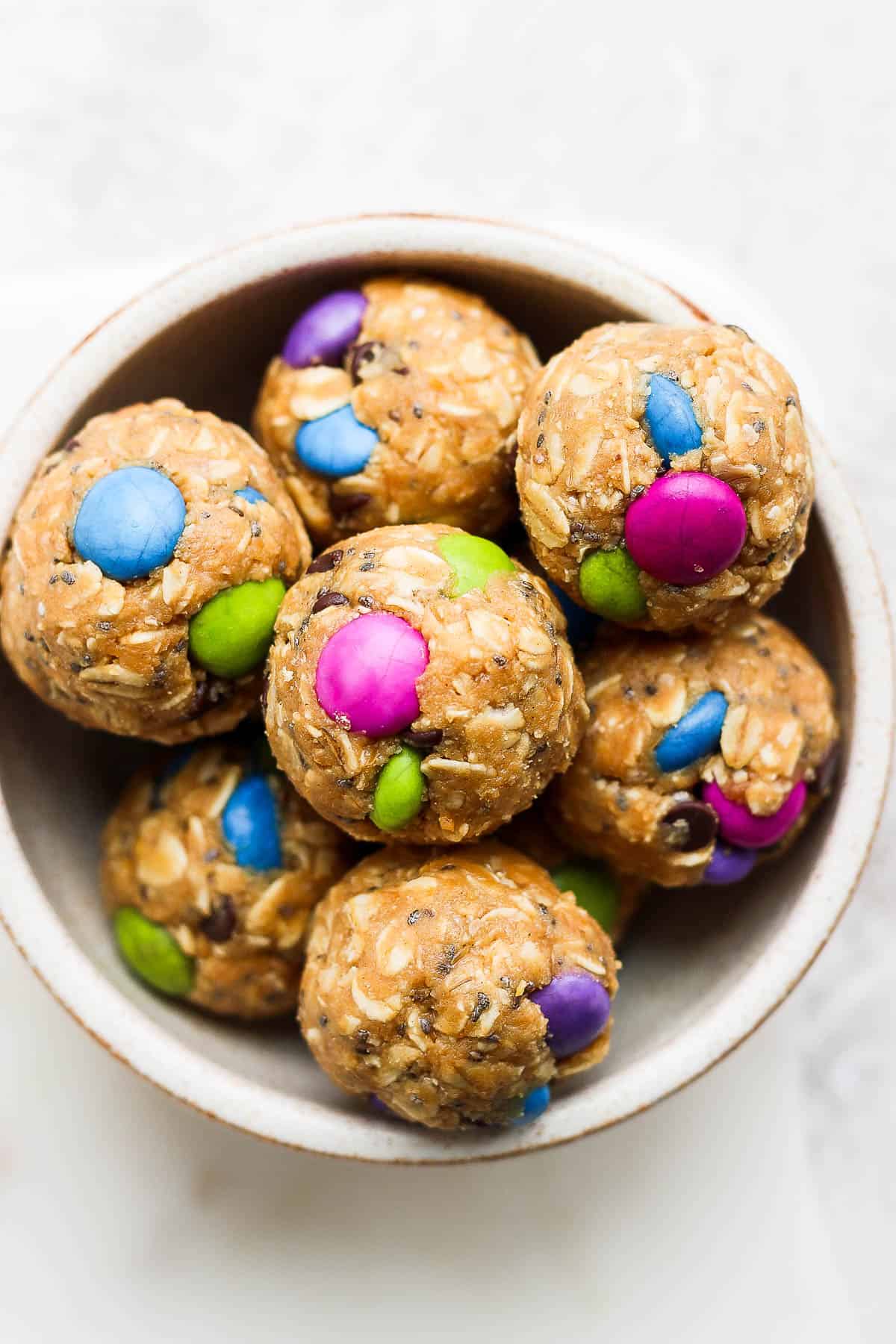 A bowl of monster cookie energy bites.
