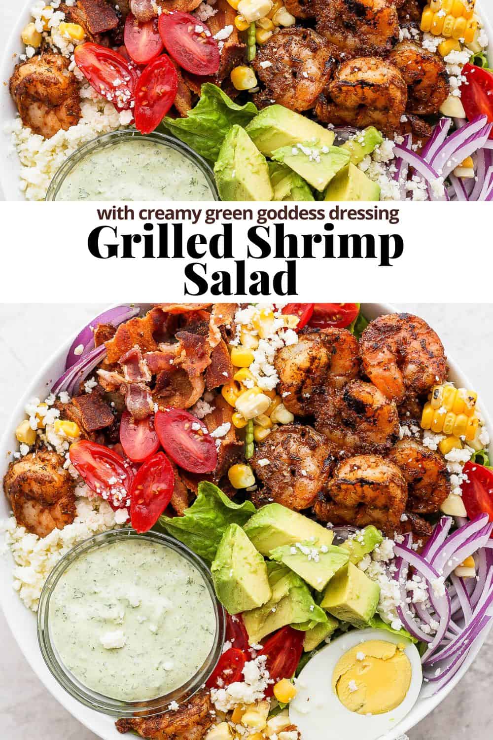 Pinterest image for grilled shrimp salad.