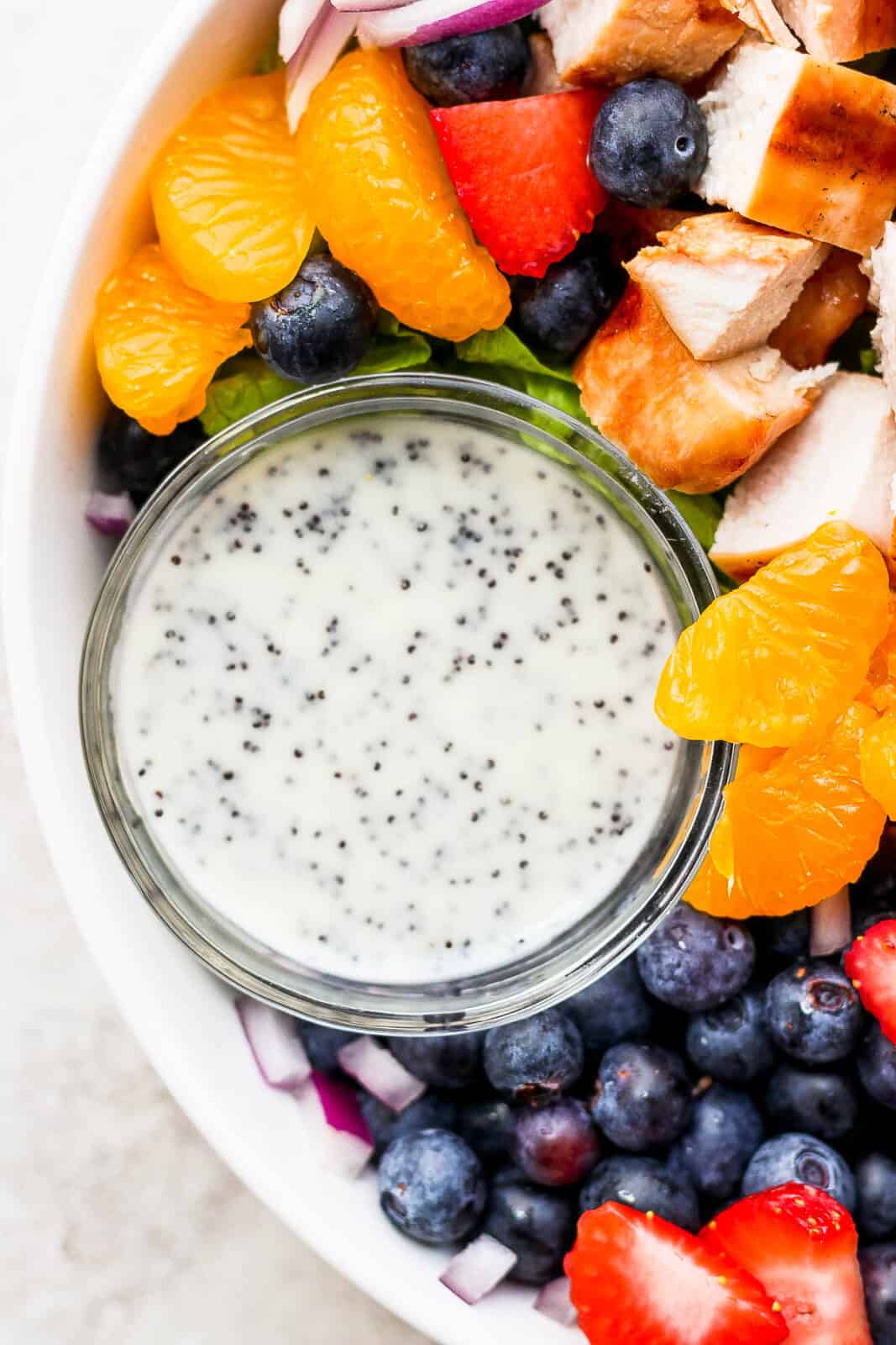 A creamy homemade poppyseed salad dressing.