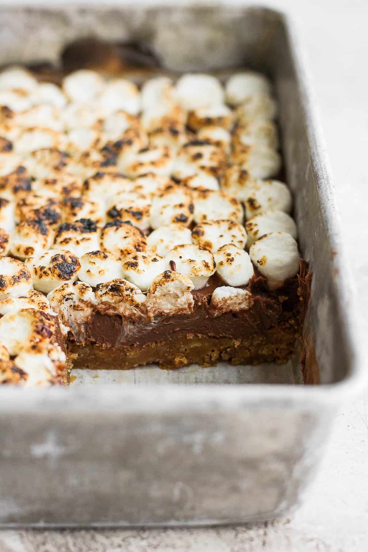 S'mores bars in the baking pan.