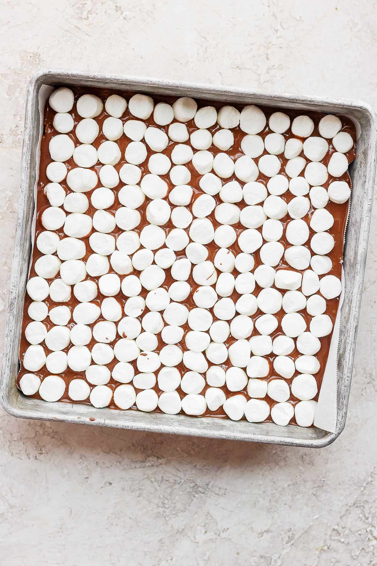 Mini marshmallows placed on top of the chocolate.