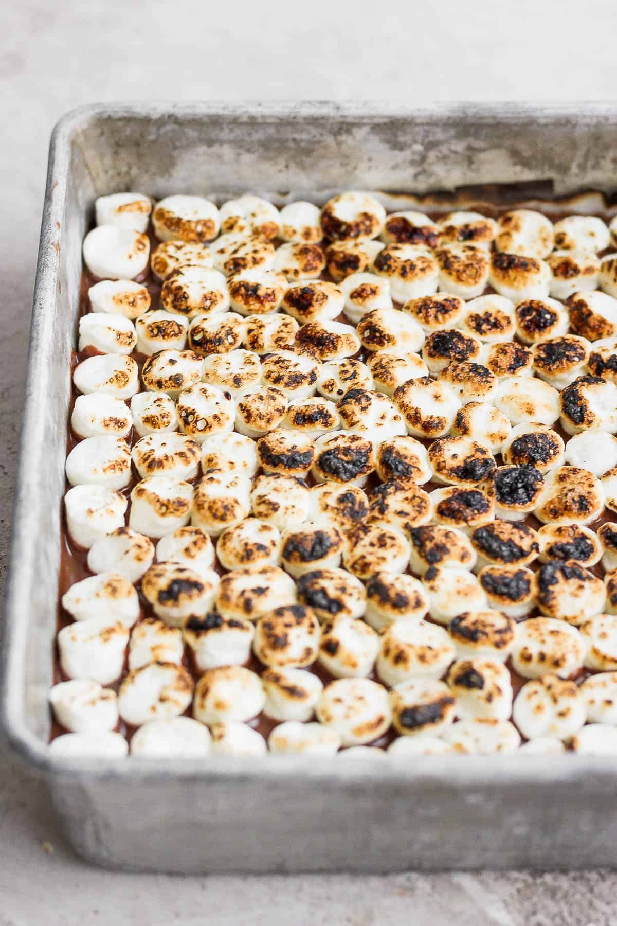 S'mores bars in a pan with the marshmallows toasted.