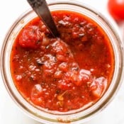 Top shot of a jar of easy pasta sauce.