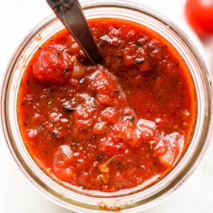 Top shot of a jar of easy pasta sauce.