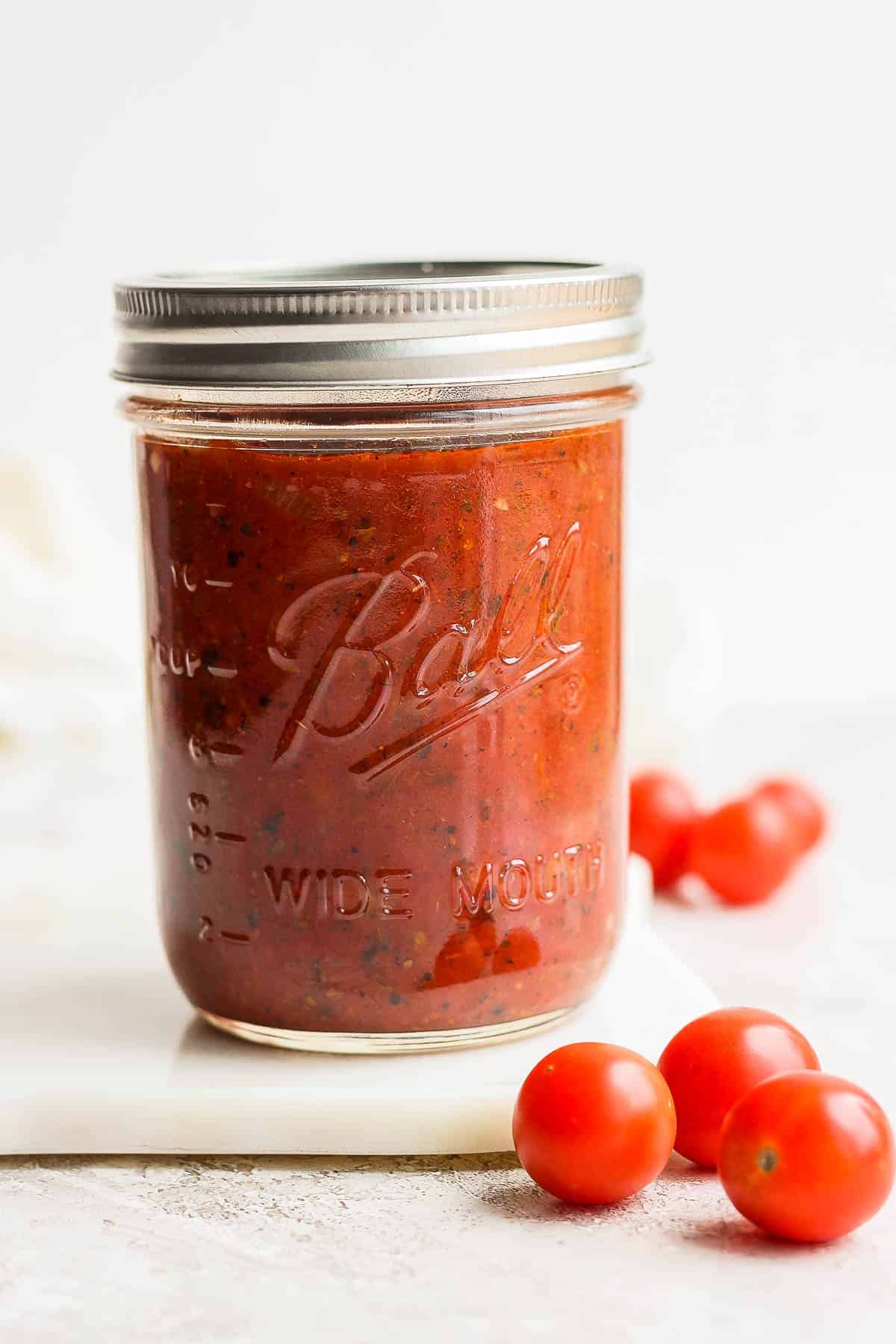 An easy pasta sauce in a mason jar.