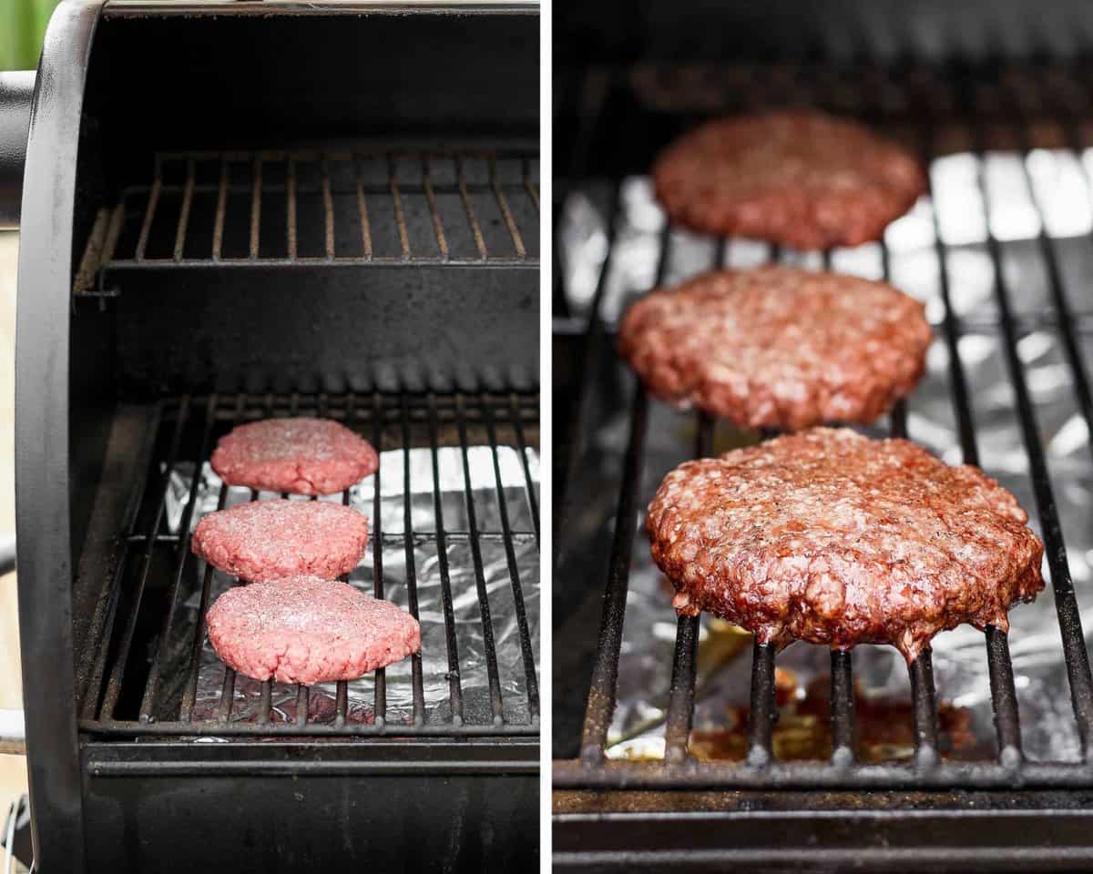Two pictures side by side, one of burgers on a smoker uncooked and the next one with them cooked.