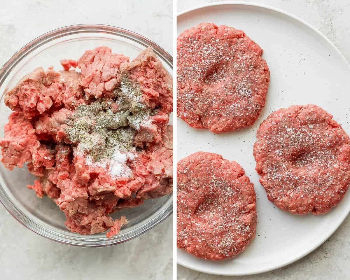 Two pictures side by side, one of ground beef with seasonings unmixed and then a plate of prepared patties.