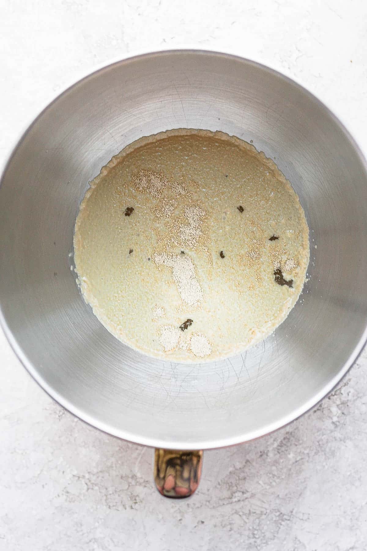 Yeast proofing in a bowl for a stand mixer.