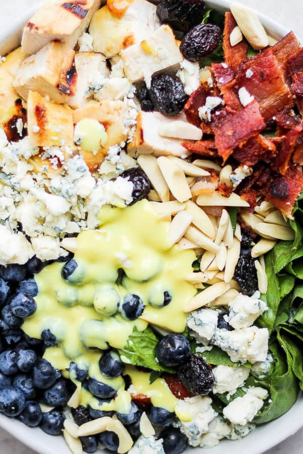 Bowl filled with a honey mustard chicken salad.