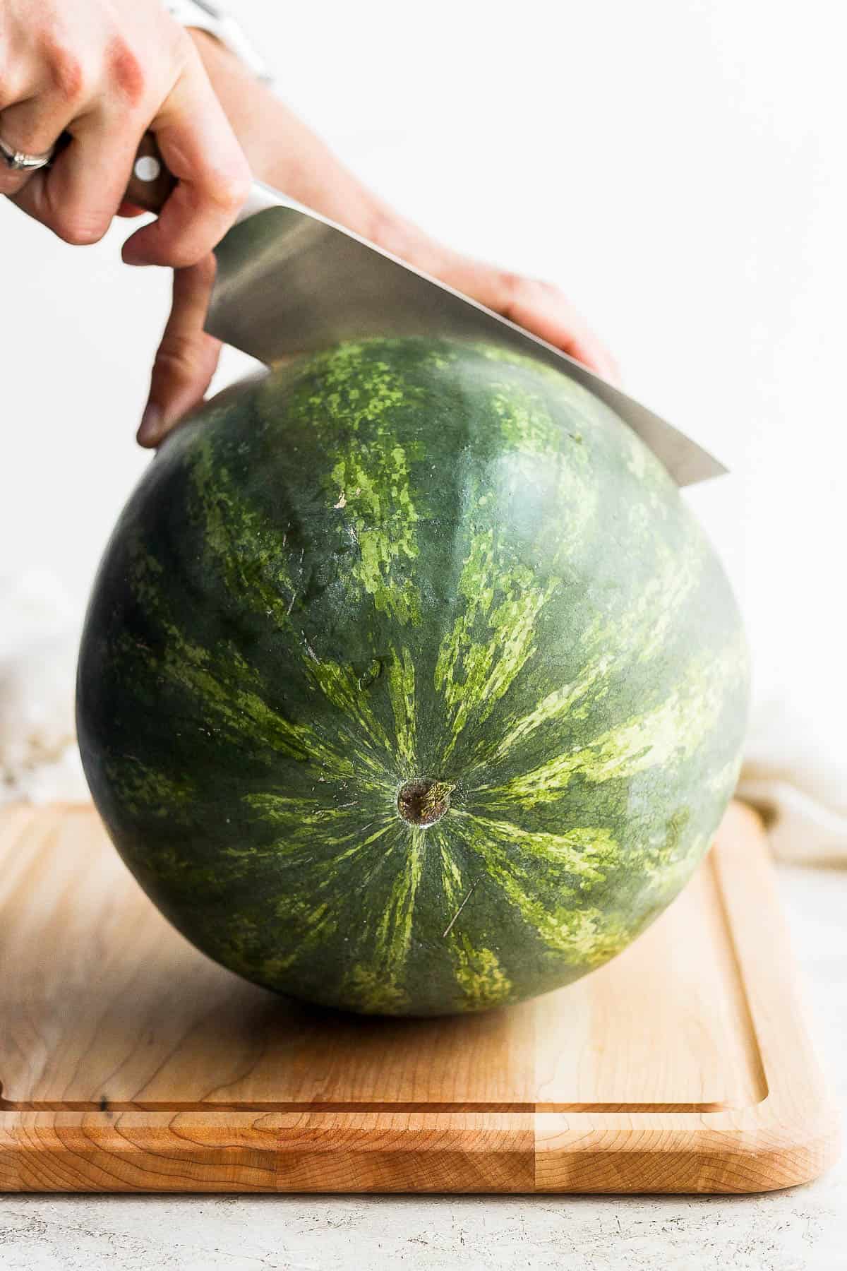 A whole watermelon being cut in half across the middle.